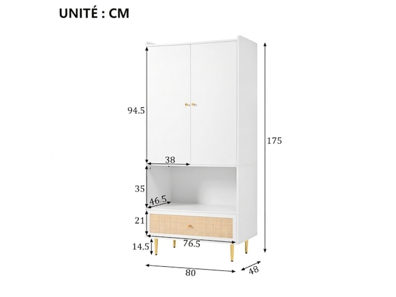  Armoire blanche 2 portes avec grand tiroir en rotin et barre de penderie, 80x48x175 cm, pour chambre et salon  - Conforama C