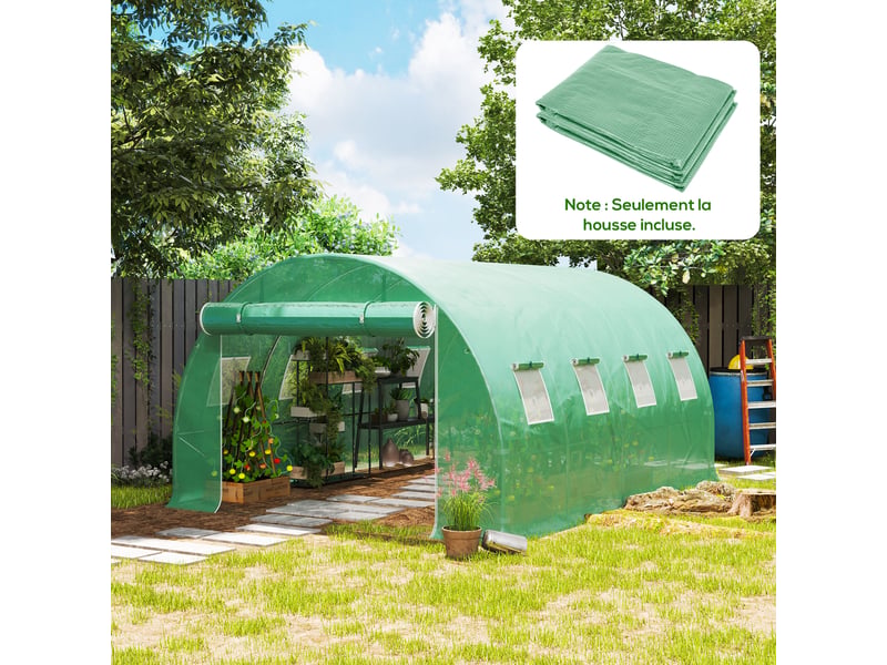 Bâche de rechange serre tunnel 12 m² 4 x 3 x 2 m pe anti-uv imperméable 8 fenêtres + porte enroulable zippée vert  - Conforama C