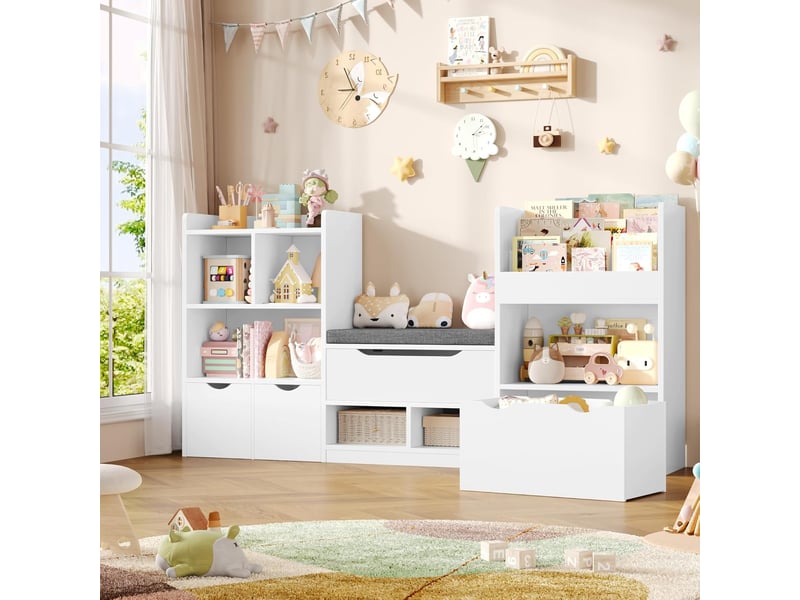  Meuble rangement enfant 183.5cm bibliothèque enfant avec banc 11 étagères 3 tiroirs roulants rangement jouet 183.5x29.8 x94.5 cm  - Conforama B