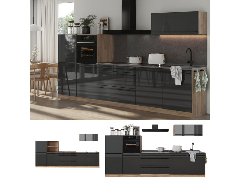  Vicco cuisine, anthracite haute brillancechêne doré, 340cm plan de travail marbre  - Conforama D