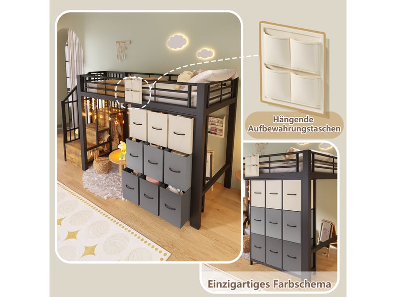  Lit mezzanine,90x200 cm,avec tiroirs et rangement,métal et mdf,noir  - Conforama E