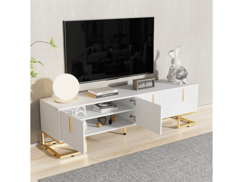 Meuble tv design avec porte texturée, poignées et pieds dorés meuble tv contemporain  - Conforama D