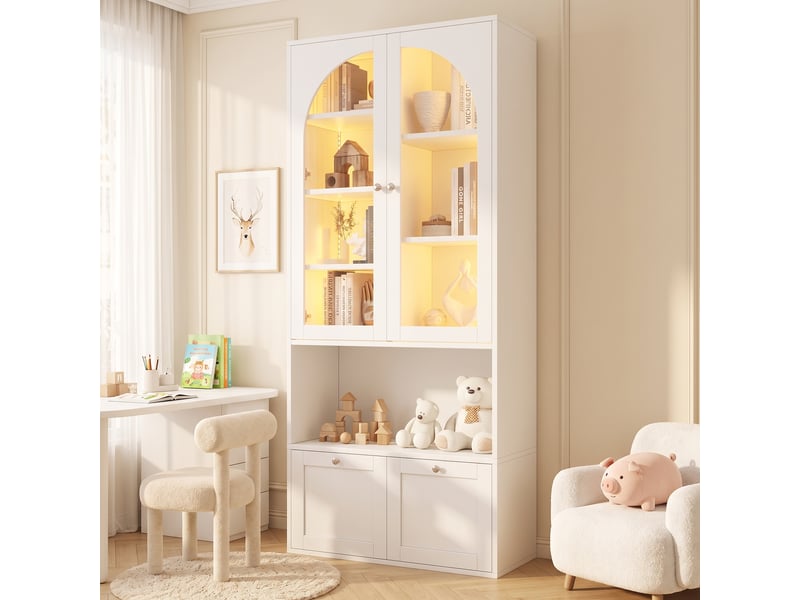  Vitrine led 80 x 35 x 180 cm, portes vitrées cintrées, tiroirs, bibliothèque et grand rangement pour collections et salon, moderne, blanc ABC - Conforama B