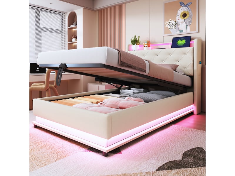  Lit enfant rembourré 90*200cm, éclairage led, ports usb, rangement hydraulique, lin beige avec tête relevable  - Conforama D
