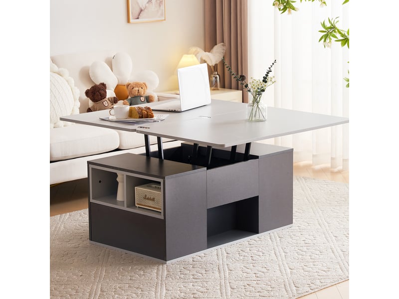  Table basse multifonctionnelle relevable - plateau dépliable pour former 2 tables, gris foncé + gris clair, grande capacité, meuble de salon moderne, table d'appointtable de salle à mangerbureau  - Conforama E