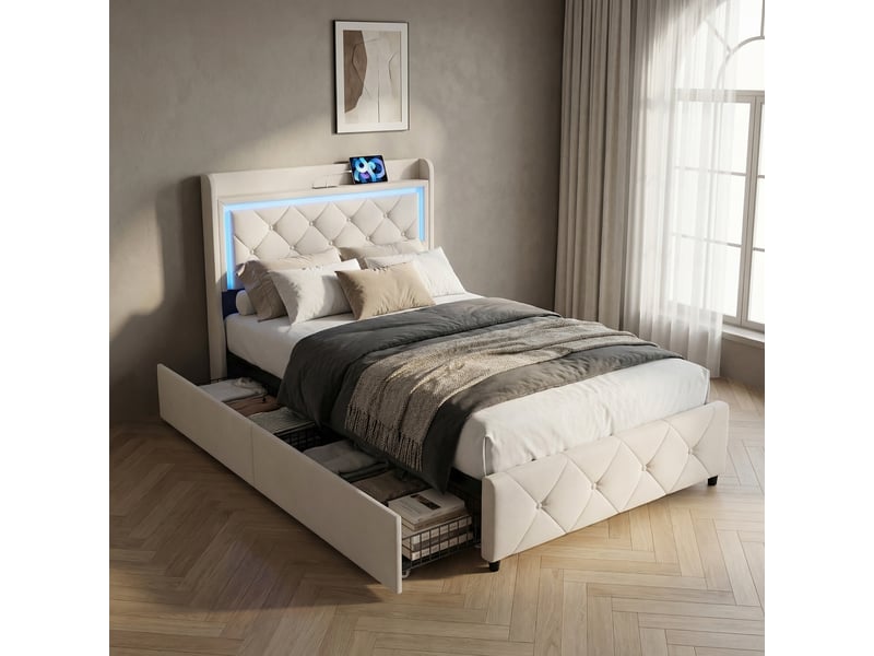  Lit avec 2 tiroirs 90x200, éclairage led et ports usbtype-c, lit simple, cadre de lit rembourré en velours avec tête de lit capitonnée et étagère, beige  - Conforama B