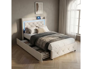 Lit avec 2 tiroirs 90x200, éclairage led et ports usbtype-c, lit simple, cadre de lit rembourré en velours avec tête de lit capitonnée et étagère, beige