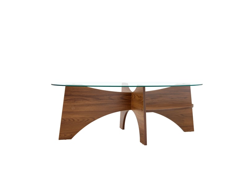  Table basse ovale en verre de sécurité, 104,9 × 60 cm, structure noyer, étagère de rangement  - Conforama A