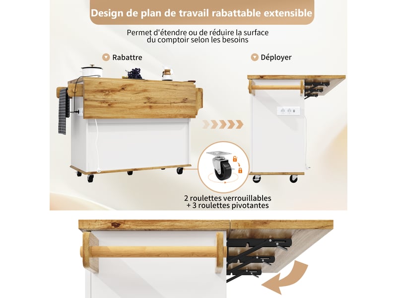  Îlot de cuisine mobile,134x4674x88 cm,avec plateau rabattable et prises,mdf,blanc  - Conforama E