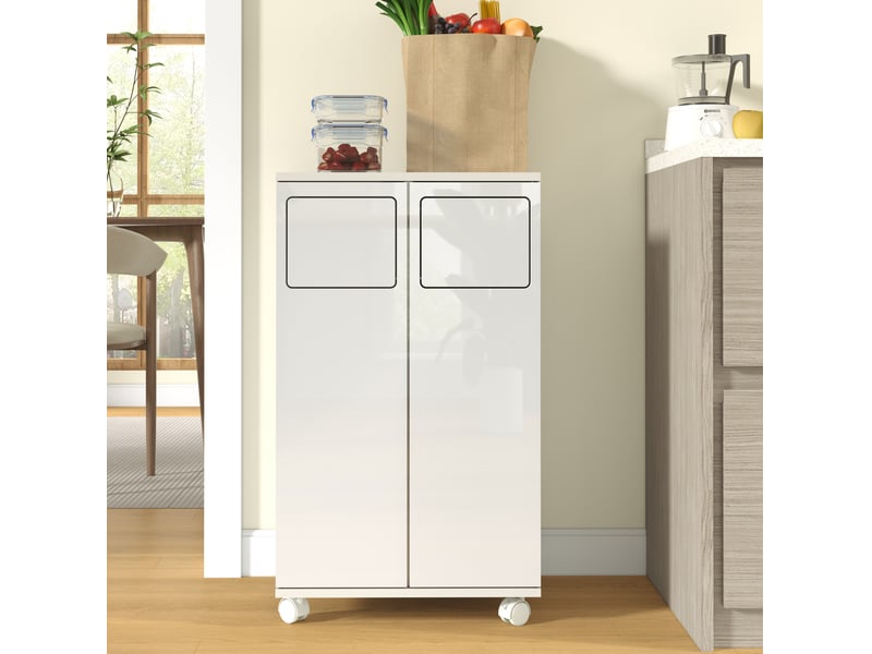  Meuble de tri des déchets 2 portes sur roulettes 46,7x35x80 cm blanc brillant  - Conforama W