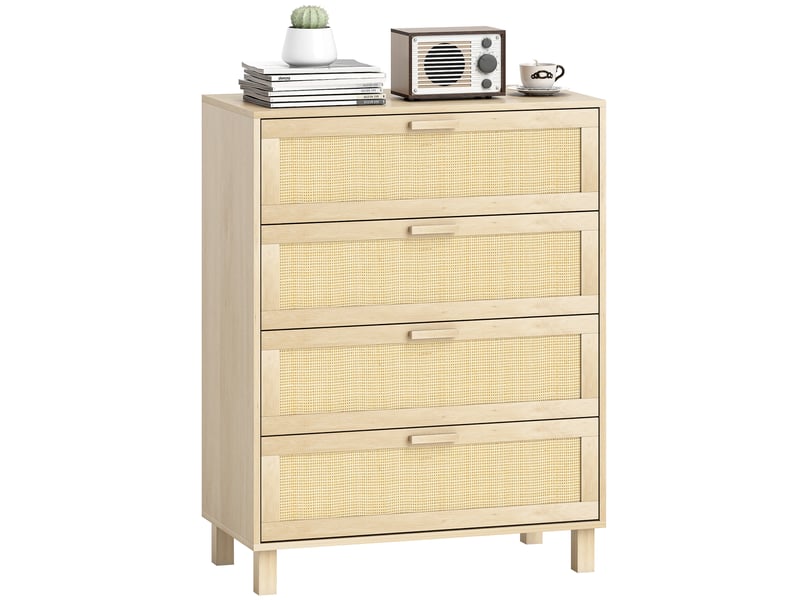  Commode 4 tiroirs cannage en rotin dim. 80l x 40l x 103h cm mdf aspect bois clair  - Conforama A