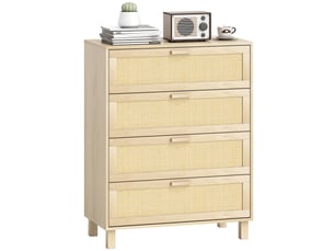 Commode 4 tiroirs cannage en rotin dim. 80l x 40l x 103h cm mdf aspect bois clair
