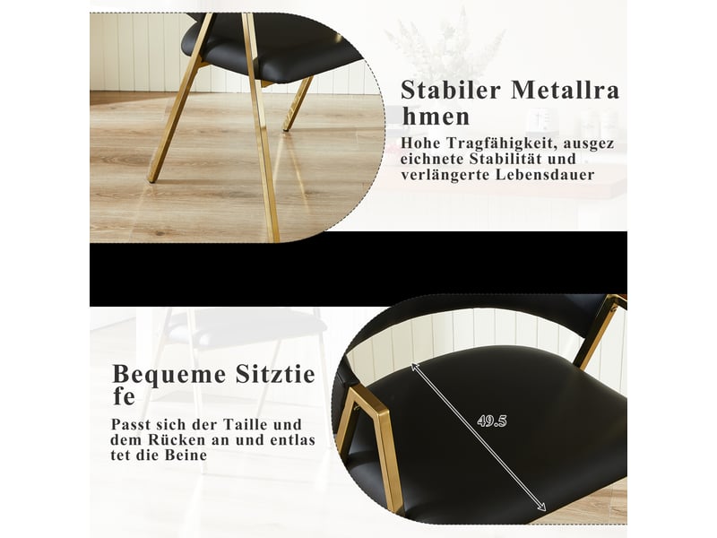  Chaises de salle à manger lot de 2 avec dossier ergonomique  - métal doré, simili cuir noir  - Conforama E
