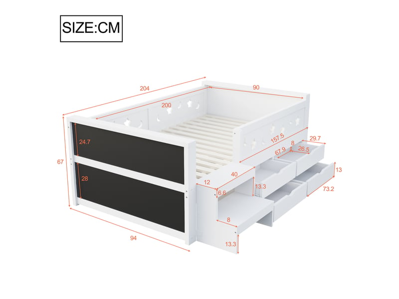 Lit simple enfant 90x200 cm - 4 tiroirs et rangement - tête de lit led - tableau noir, marchepied et barrières - blanc - Conforama C