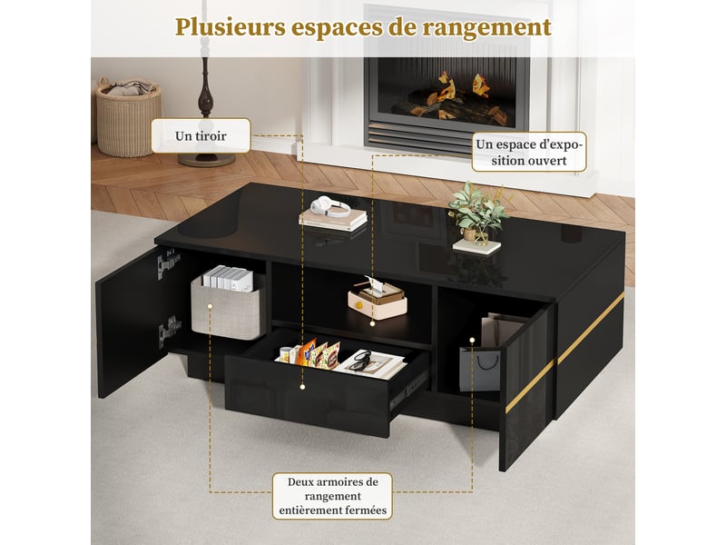  Table basse 100x50x35.5 cm - led intégrée - 2 portes à charnières - tiroir - tablette semi-ouverte - convertible - noir et or ABC - Conforama E