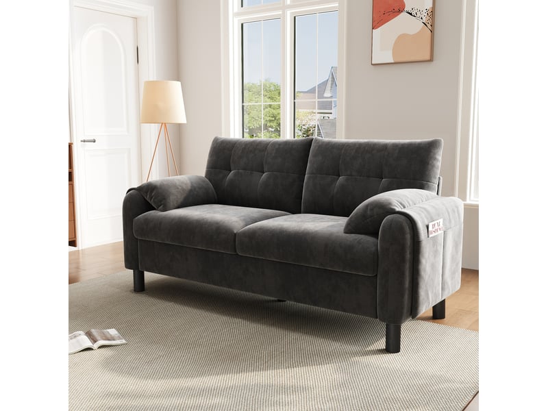  Canapé moderne 2 places 158x80x88,5 cm, accoudoirs et poches de rangement, assise épaisse, revêtement chenille gris  - Conforama D