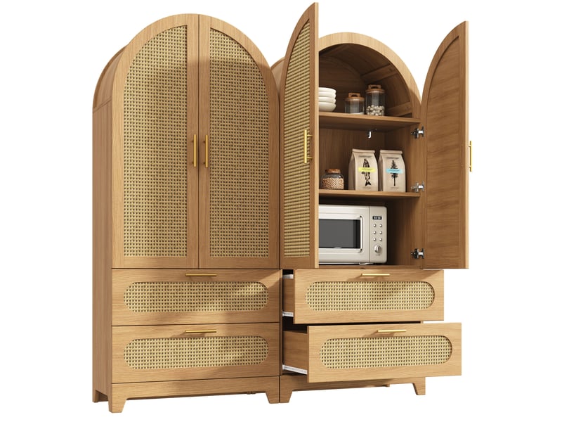  Buffet et enfilade avec 4 portes et 4 tiroirs, façades effet rotin, pour salle à manger, en mdf et métal, naturel  - Conforama A