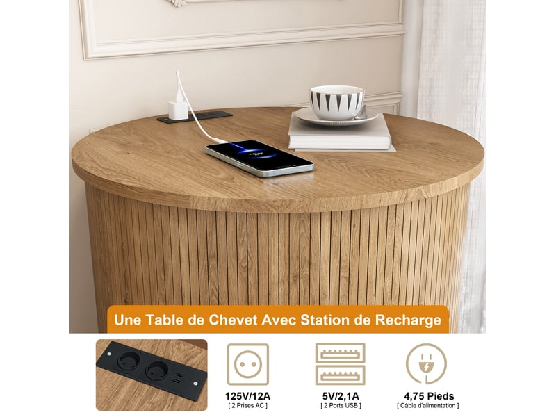  Table de chevet avec porte coulissante et station de charge pour chambre en mdf 60×60×60 cm chêne  - Conforama C