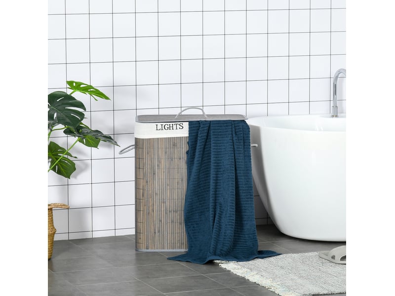  Panier à linge 52x32x63 cm à 2 compartiments, couvercle rabattable avec poignée, bambou, gris  - Conforama C