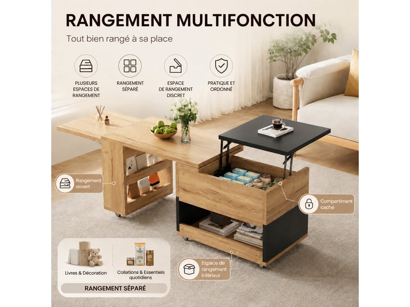  Table basse extensible multifonction avec plateau relevable, élément pivotant 360°, rangements, 161.5 cm, bois naturel et noir  - Conforama D