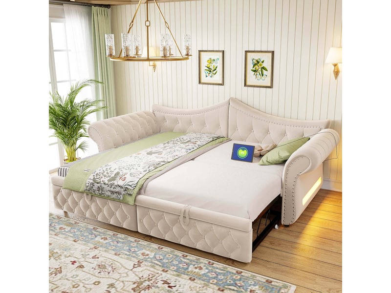  Banquette-lit 90 x 200 cm convertible 2-en-1, port usb, éclairage led latéral et détails cloutés, gain de place, velours, beige  - Conforama B