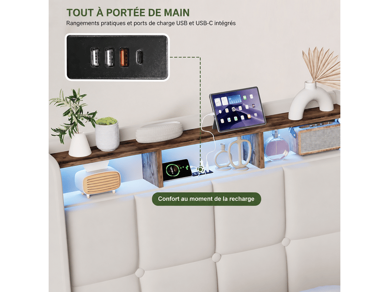  Lit simple 90 x 200 cm avec rangement hydraulique, lit 1 place avec led et ports usb-c, lit capitonné avec sommier à lattes, lin, beige  - Conforama R
