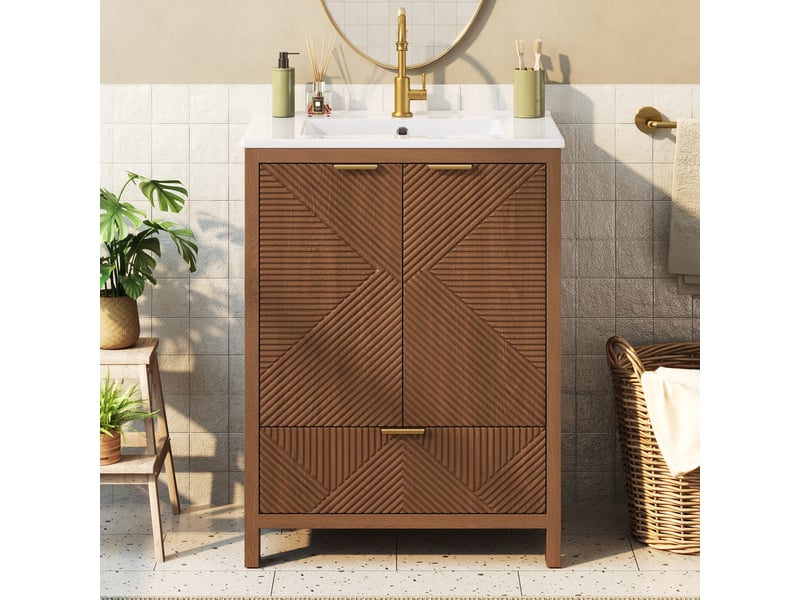  Meuble vasque salle de bain noyer 61 cm avec lavabo céramique, portes soft-close, étagères et tiroir  - Conforama B
