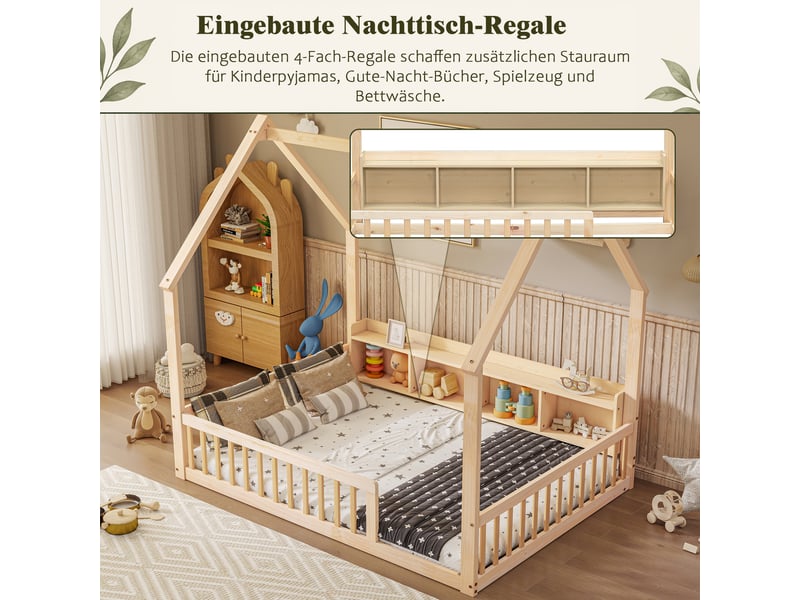 Lit cabane enfant 140 × 200 cm en bois de pin avec barrières de sécurité, étagères de rangement intégrées et cadre maison - naturel - Conforama D