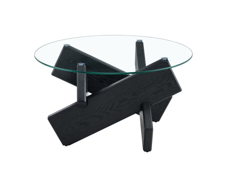  Table basse ronde multicolore - mdf et verre trempé 0,8 cm ø79 cm, pieds bois noirs - design élégant  - Conforama A