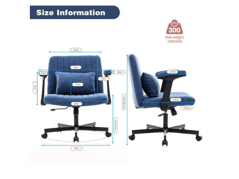  Chaise de bureau pivotante avec accoudoirs rabattables et roulettes silencieuses en tissu bleu  - Conforama D