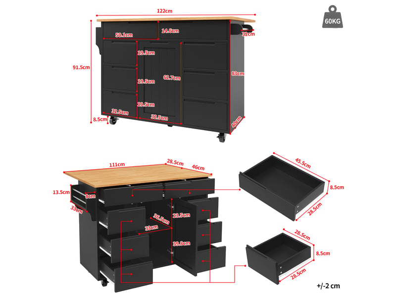  Îlot de cuisine mobile 122 x 46-74.5 x 91.5 cm avec plateau rabattable, 8 tiroirs, étagère réglable et roulettes, noir  - Conforama C