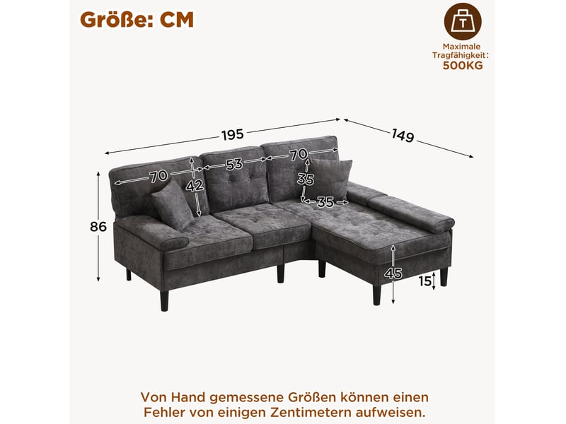 Canapé d’angle 3 places 195x149x86 cm modulable structure en bois gris antique - Conforama E