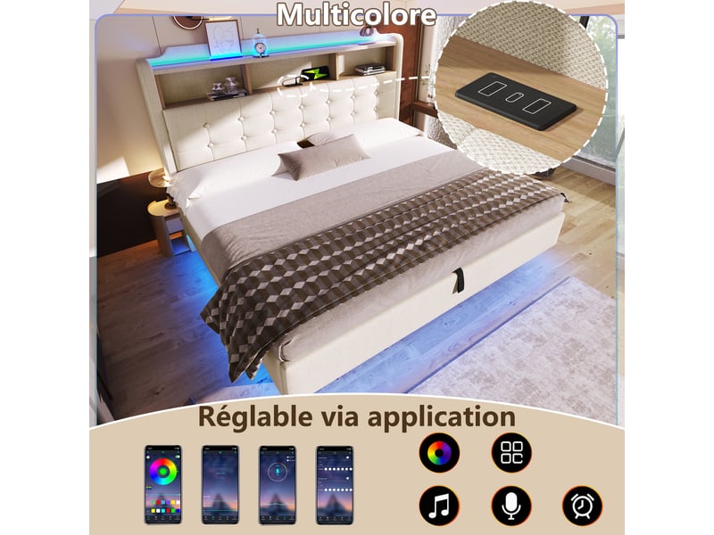  Lit capitonné 180 × 200 cm, beige, sans matelas, led, coffre hydraulique, usb type-c, lin  - Conforama C