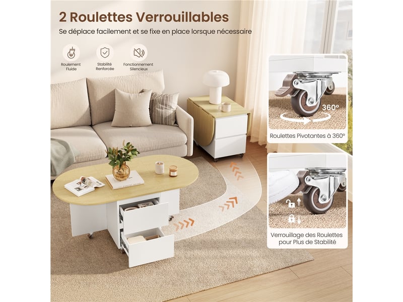  Table basse extensible 3-en-1 4080120x60x50,5 cm avec roulettes et rangement 616416 White/Oak - Conforama R