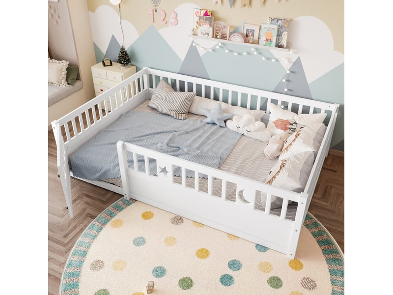  Lit enfant 140x190 cm en pin blanc avec barrières de sécurité et décor étoile-lune  - Conforama B