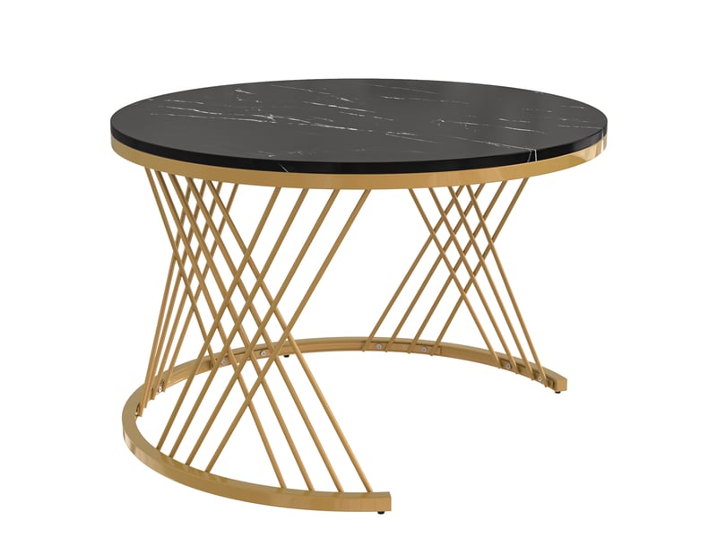  Table basse ronde 2 en 1 en mdf, servant également de table d'appoint avec plateau en marbre et tiroirs en rotin synthétique. Poignées en bois massif. Pieds en fer doré. 70 x 70 x 45,5 cm + 50 x 50 x 38,5 cm  - Conforama E