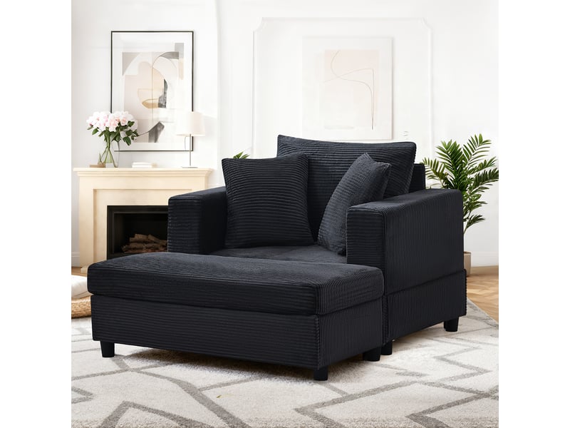 Chaise longue noire avec repose-pieds et rangement, fauteuil lounge moderne avec trois coussins pour salon ou chambre - Conforama C