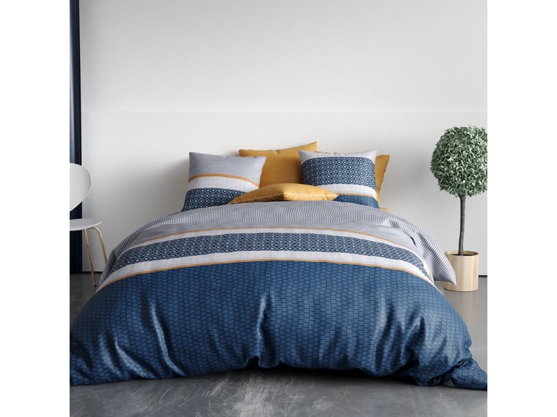  Parure housse de couette 240x220cm + 2 taies motif graphique bleu 100% coton - zoelia ZOELIA - Conforama A