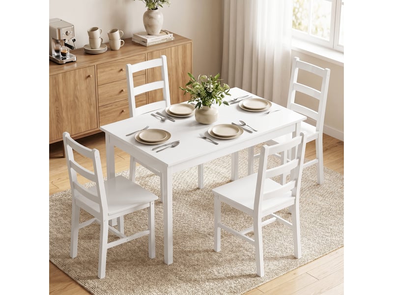  Ensemble de salle à manger 5 pièces pour 4 personnes, table rectangulaire et chaises en bois massif, idéal pour les petits espaces, blanc.  - Conforama C