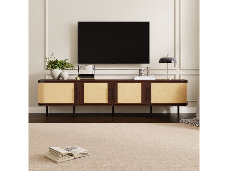  Meuble tv 180 x 40 x 45 cm poignées noires mdf 4 portes tressées pieds en fer salon  - Conforama B