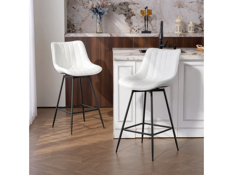  Ensemble de 2 tabourets de bar pivotants à 360°, revêtus de similicuir avec dossier et repose-pieds, blancs  - Conforama D