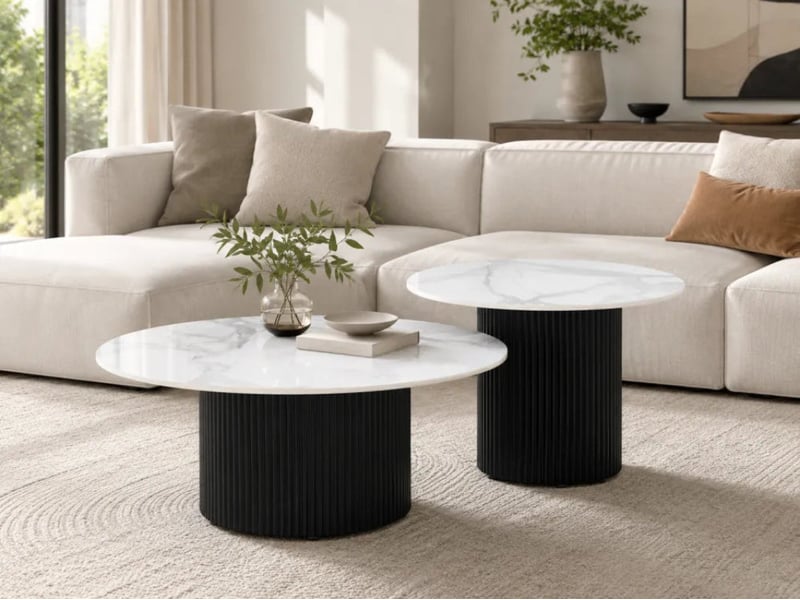  Duo tables gigognes rondes céramique marbre blanc &amp; métal noir ø80 cm – baieta  - Conforama B