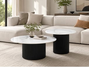 Duo tables gigognes rondes céramique marbre blanc & métal noir ø80 cm – baieta