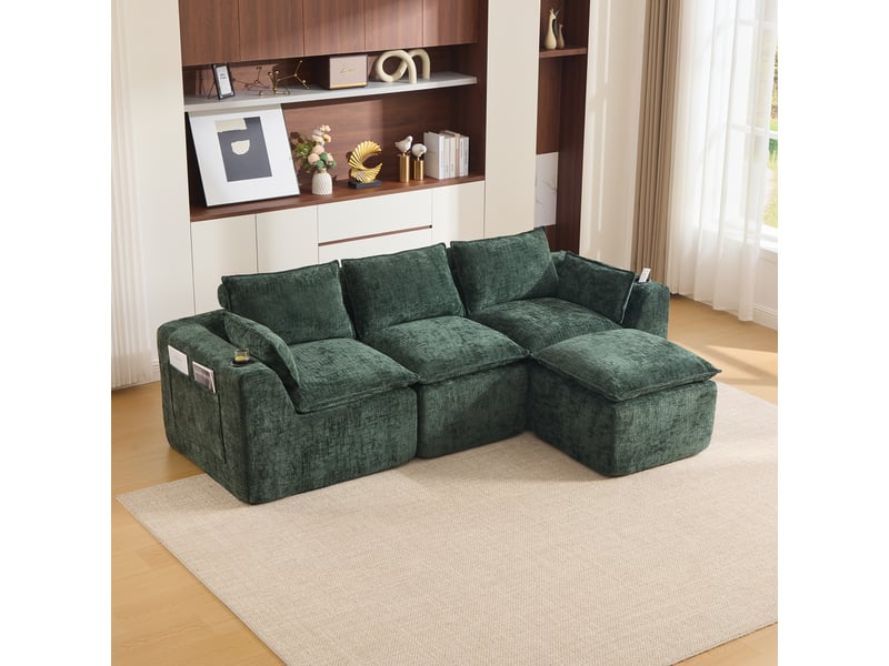  Canapé 3 places modulable vert foncé en chenille avec pouf et porte-gobelet - 256x161x75cm  - Conforama B