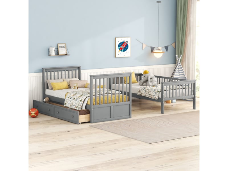  Lit superposé 90x200 cm, lit enfant avec 2 tiroirs et sommier à lattes, en bois, gris, sans matelas  - Conforama C