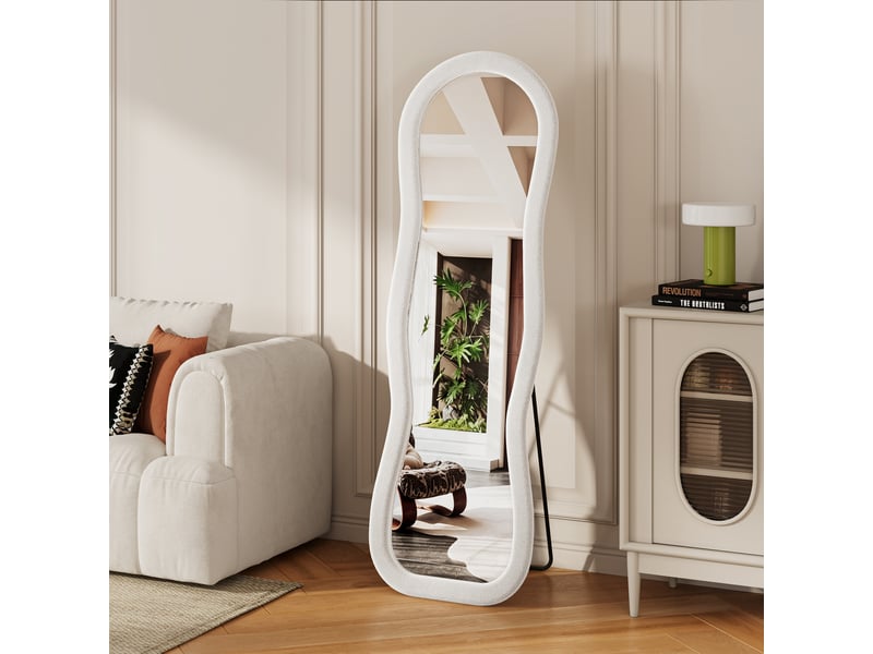  Miroir plein pied 160x50 cm forme ondulée, cadre rembourré en flanelle blanche, miroir au sol décoratif pour chambre et salon  - Conforama B