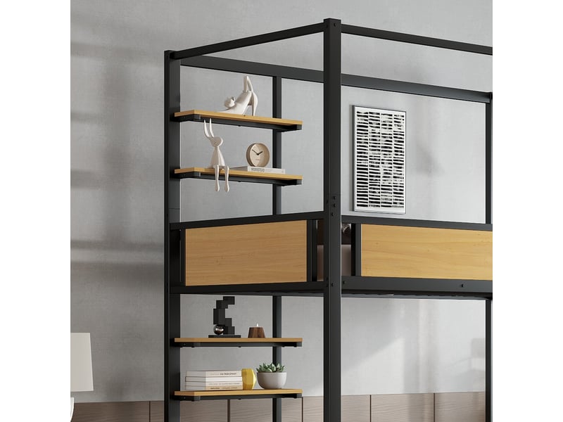  Lit superposé, lit 2 couchages 90x200 cm en métal et mdf avec étagères, tiroirs et rangements, sans matelas  - Conforama E
