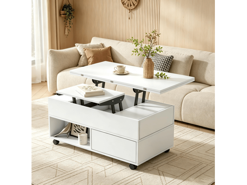  Table basse relevable 100 x 50 cm avec 4 tiroirs, roulettes et rangement blanche  - Conforama E
