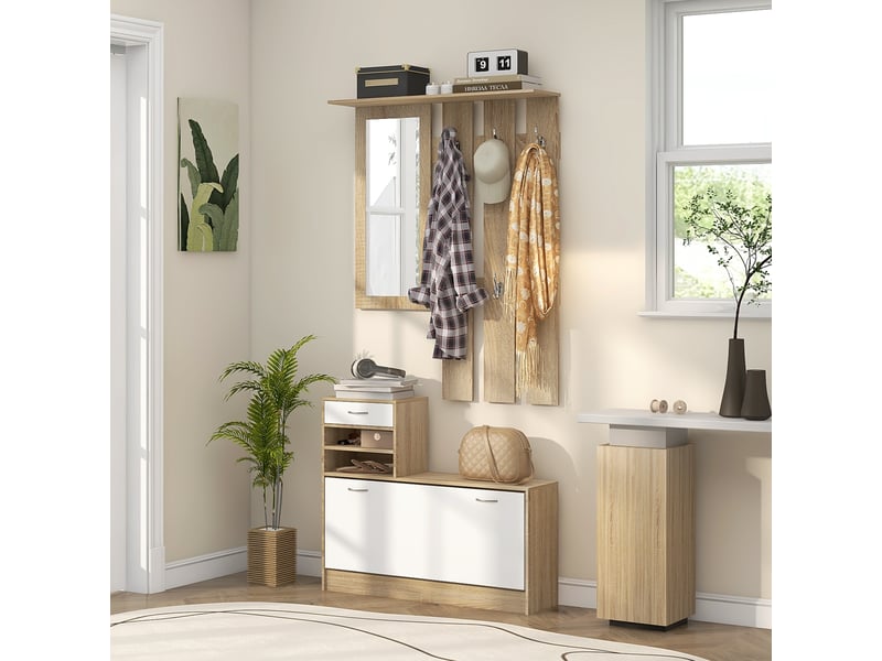  Porte-manteau 3 en 1 avec étagère à chaussures et miroir, crochets et tiroirs, en bois, 90 x 10 x 91 cm, blanc et chêne  - Conforama D
