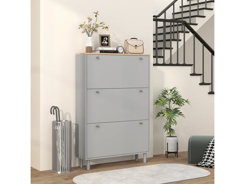 Meuble à chaussures 24 paires avec 3 tiroirs rabattables et étagères réglables, 80x23,5x121cm, gris  - Conforama C